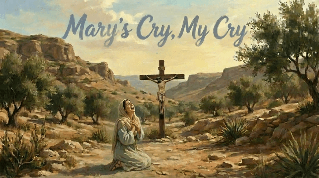 Faithful Reflection. A woman gazes at a crucifix on a stone church wall.